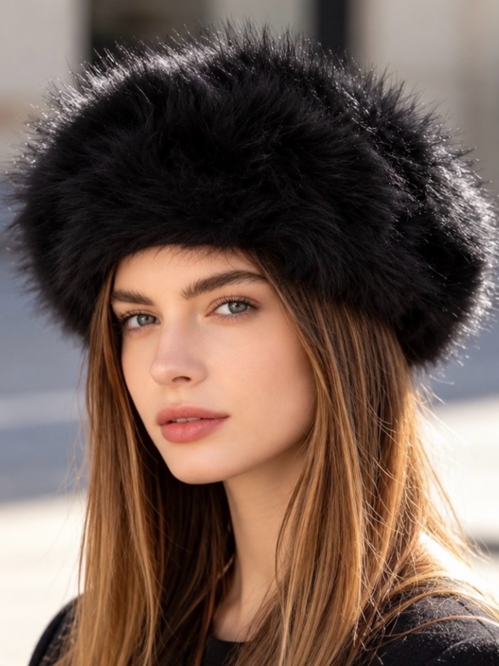 Black Faux Fur Beret Hat